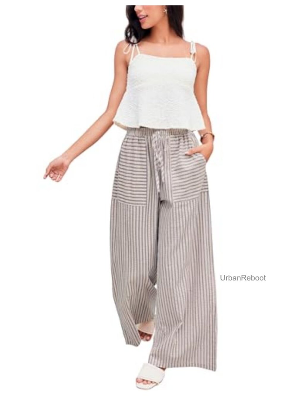 Wide Leg Pants Drawstring Striped Cotton Mid Rise Casual Long Palazzo Trousers